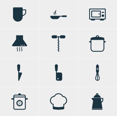 12 mutfak eşyaları simgeler vektör Illustration. Çay, Handmixer, kasap bıçağı öğelerin düzenlenebilir paketi.