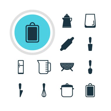 12 pişirme simgeler vektör Illustration. Resepsiyon, sürahi, çorba Pan ve diğer öğeleri doğrama düzenlenebilir paketi.