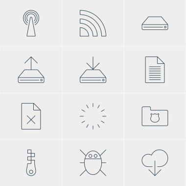 12 ağ simgeler vektör Illustration. Not, bilgisayar virüsü, bilgi yükü ve diğer öğeleri düzenlenebilir paketi.