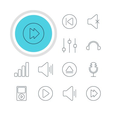 12 müzik simgeler vektör Illustration. Kulaklık, sessiz, sabitleyici ve diğer öğeleri düzenlenebilir paketi.