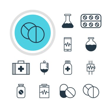 12 tıbbi simgeler vektör Illustration. Phone Monitor, ilk yardım çantası, şişe ve diğer öğeleri düzenlenebilir paketi.