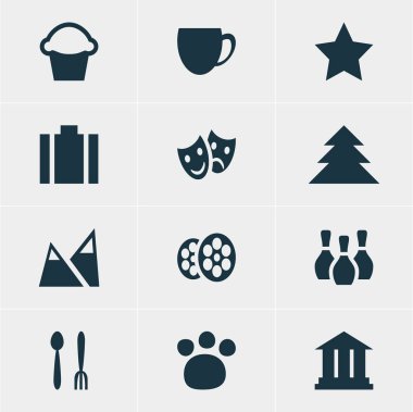 Check-In 12 simgeler vektör Illustration. Yer işareti, cips, evde beslenen hayvan dükkan ve diğer öğeleri düzenlenebilir paketi.