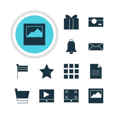 12 Web Simgeler Vektör Illustration. Ekranı Kapla, oynat düğmesini, bildirim ve diğer öğeleri düzenlenebilir paketi.