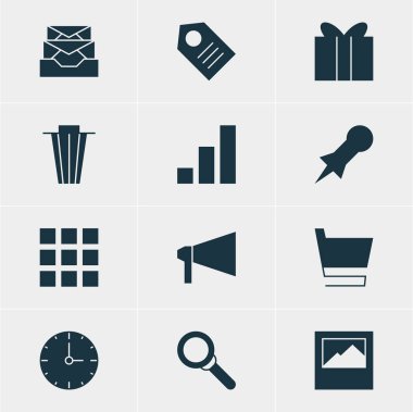 12 Web Simgeler Vektör Illustration. Manzara fotoğraf, kupon, Büyüteç'i öğelerin düzenlenebilir paketi.