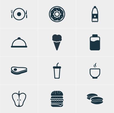 12 yeme simgeler vektör Illustration. Biftek, meşrubat, Jonagold ve diğer öğeleri düzenlenebilir paketi.