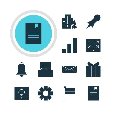 12 Online simgeler vektör Illustration. Düzenlenebilir paket Bookshelf, raptiye, hedef kapsam ve diğer öğeleri.