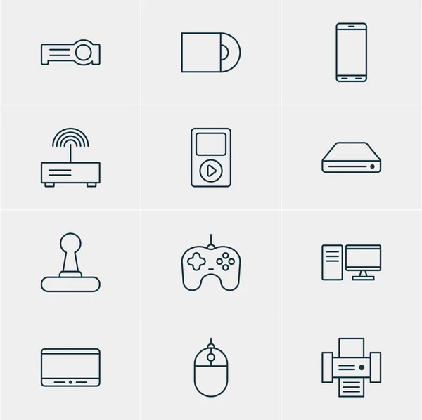 Ilustración vectorial de 12 iconos de la tecnología. Paquete editable de unidad de DVD, monitor, fotocopiadora y otros elementos . — Vector de stock