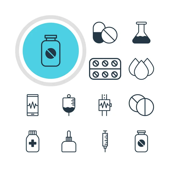Vector Illustration of 12 Medicine Icons (dalam bahasa Inggris). Pack Of Aspirin, Round Tablet, Trickle And Other Elements . - Stok Vektor