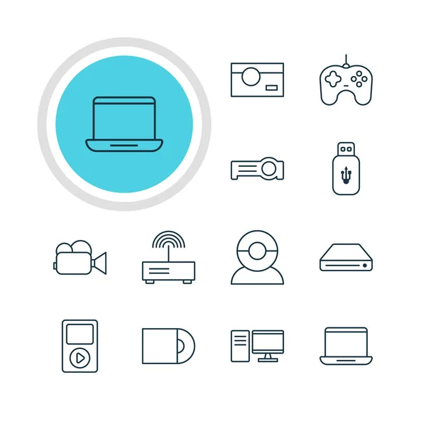Illustration vectorielle de 12 icônes Gadget. Pack modifiable de projecteurs, chat vidéo, PC et autres éléments . — Image vectorielle