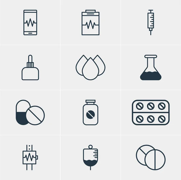 Illustrazione vettoriale di 12 icone mediche. Pacchetto modificabile di vaccinatore, anticorpo, monitor del telefono e altri elementi . — Vettoriale Stock