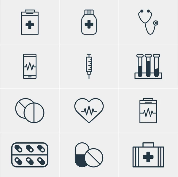 Ilustración vectorial de 12 iconos de la salud. Envase editable de frasco de experimento, ritmo cardíaco, medicina y otros elementos . — Vector de stock