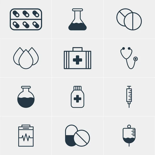 Vektorillustration von 12 medizinischen Symbolen. editierbare Packung Medizin, Rinnsal, Medikamentenglas und andere Elemente. — Stockvektor