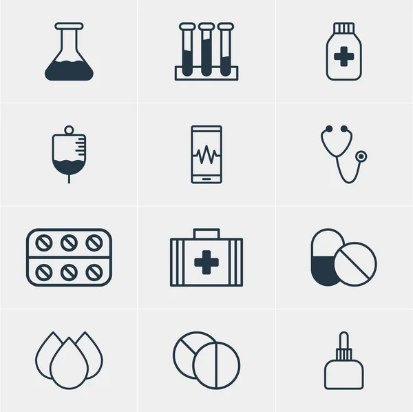 Ilustración vectorial de 12 iconos de la medicina. Envase editable del tarro de la medicina, del antibiótico, del jarro del medicamento y de otros elementos . — Vector de stock