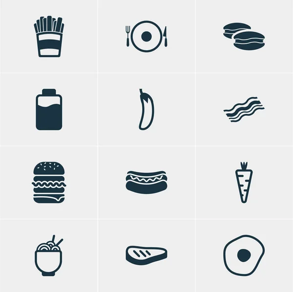 Vektorillustration av 12 äta ikoner. Redigerbara förpackning med smörgås, Aubergine, servering element. — Stock vektor