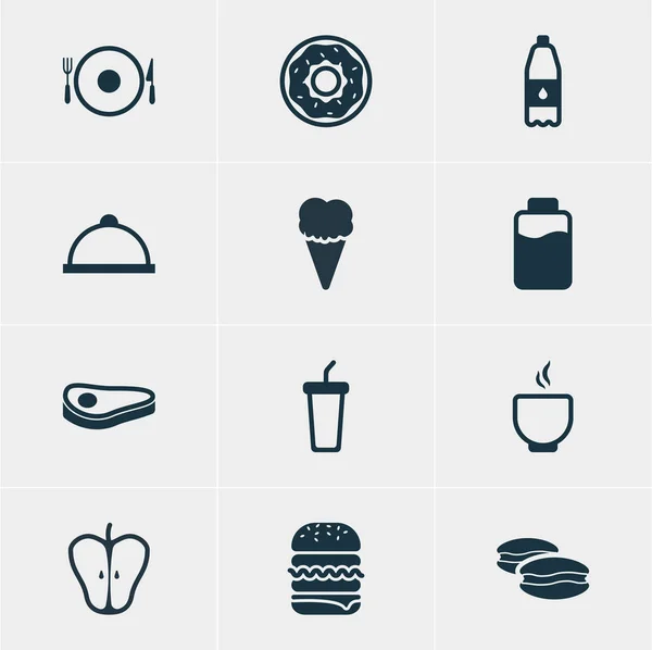 Ilustracja wektorowa 12 ikon jedzenia. Edytowalne Pack befsztyk, napój bezalkoholowy, Jonagold i innych elementów. — Wektor stockowy