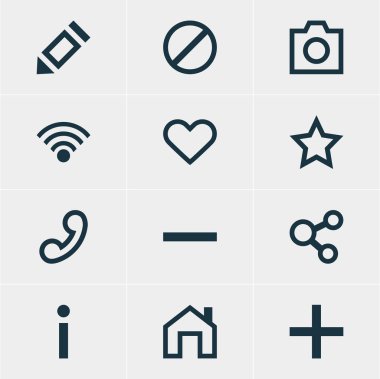 12 arabirim simgeler vektör Illustration. Eksi, Anasayfa, anlık görüntü ve diğer öğeleri düzenlenebilir sürüsü.