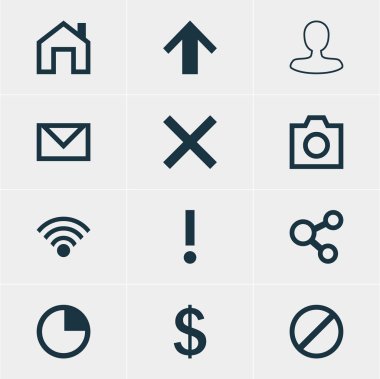 12 arabirim simgeler vektör Illustration. Mektup, Anasayfa, Top ve diğer öğeleri düzenlenebilir paketi.