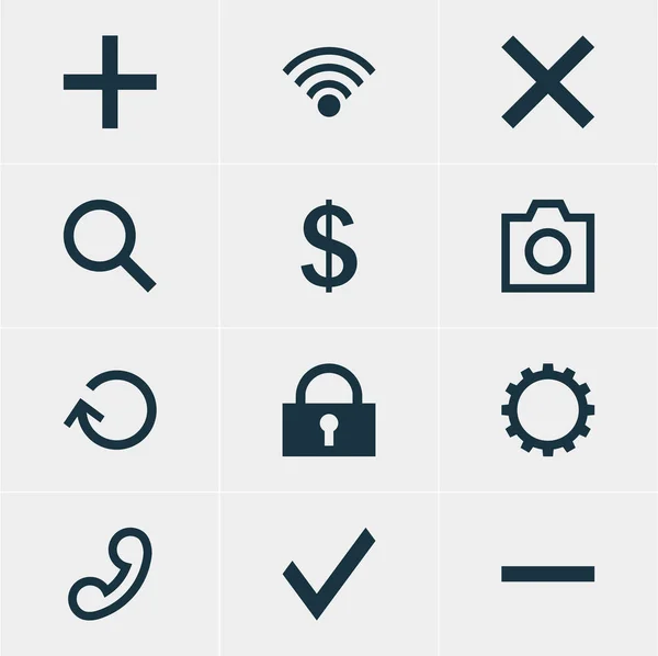 Ilustración vectorial de 12 iconos de interfaz. Paquete editable de auriculares, buscar, Elementos para hacer dinero . — Vector de stock