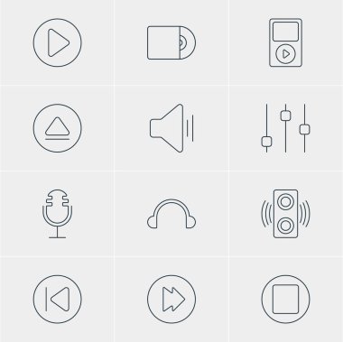 12 melodi simgeler vektör Illustration. Sabitleyici, Mp3, önceki ve diğer öğeleri düzenlenebilir paketi.