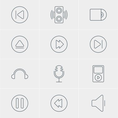 12 müzik simgeler vektör Illustration. Kompakt Disk, kulaklık, azalma ses ve diğer öğeleri düzenlenebilir paketi.