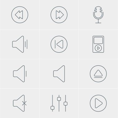 12 müzik simgeler vektör Illustration. Hoparlör, geri sarma, azalma ses ve diğer öğeleri düzenlenebilir paketi.