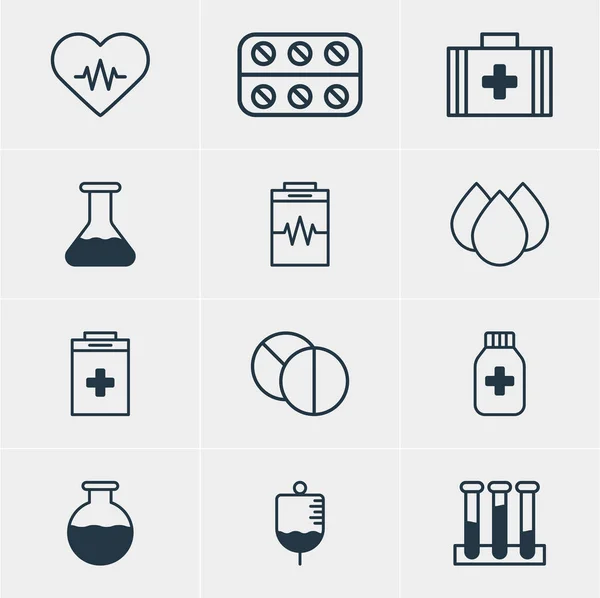 Vector εικονογράφηση 12 ιατρικές εικόνες. Επεξεργάσιμη Pack επείγουσα ανάγκη, στάλα, χάπια και άλλα στοιχεία. — Διανυσματικό Αρχείο