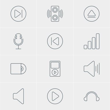 12 melodi simgeler vektör Illustration. Geri sarma, kompakt Disk, önceki ve diğer öğeleri düzenlenebilir sürüsü.