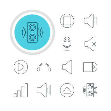 12 melodi simgeler vektör Illustration. Mike, sessiz, kompakt Disk ve diğer öğeleri düzenlenebilir paketi.