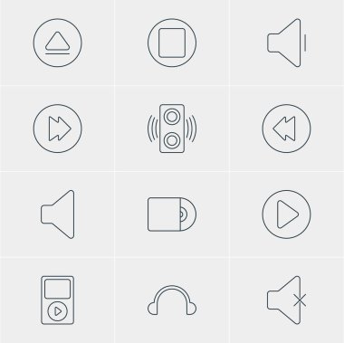 12 melodi simgeler vektör Illustration. Azalma ses, Pause, geri sarma ve diğer öğeleri düzenlenebilir sürüsü.