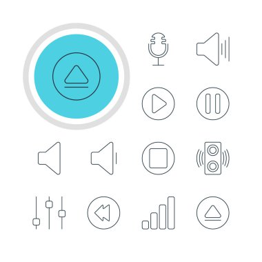 12 melodi simgeler vektör Illustration. Amplifikatör, akustik, ters ve diğer öğeleri düzenlenebilir paketi.