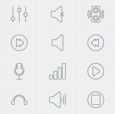 12 melodi simgeler vektör Illustration. Kulaklık, tersine, Mike ve diğer öğeleri düzenlenebilir sürüsü.