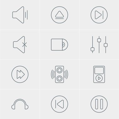 12 melodi simgeler vektör Illustration. Gecikme, sabitleyici, Mp3 ve diğer öğeleri düzenlenebilir paketi.