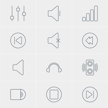 12 müzik simgeler vektör Illustration. Sabitleyici, kulaklık, kompakt Disk ve diğer öğeleri düzenlenebilir paketi.