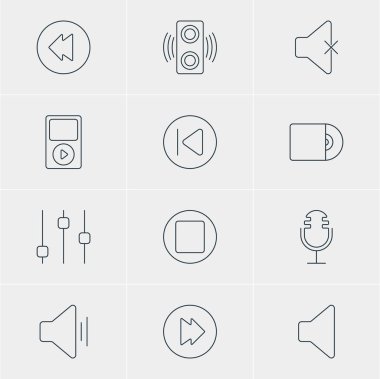 12 melodi simgeler vektör Illustration. Hoparlör, tersine, sessiz ve diğer elemanların düzenlenebilir paketi.