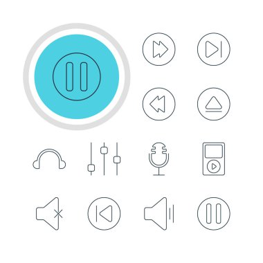 12 melodi simgeler vektör Illustration. Sessiz düzenlenebilir paket, Mike, geri sarma ve diğer öğeleri.