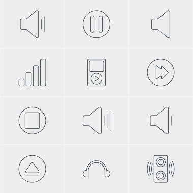 12 melodi simgeler vektör Illustration. Amplifikatör, Mp3, geri sarma ve diğer öğeleri düzenlenebilir sürüsü.