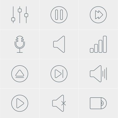12 müzik simgeler vektör Illustration. Sabitleyici, akustik, sessiz ve diğer öğeleri düzenlenebilir paketi.