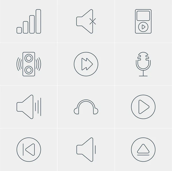 Illustrazione vettoriale di 12 icone musicali. Pacchetto modificabile di inizio, antecedente, senza suono e altri elementi . — Vettoriale Stock