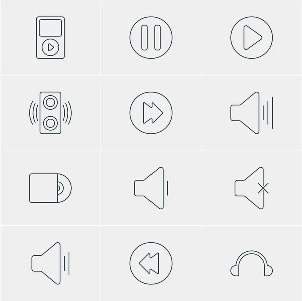 Vektorillustration von 12 Musik-Ikonen. editierbare Packung mit Kopfhörer, erweiterter Lautstärke und anderen Elementen. — Stockvektor