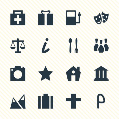 16 seyahat simgeler vektör Illustration. Çapraz, cips, Cafe ve diğer öğeleri düzenlenebilir sürüsü.