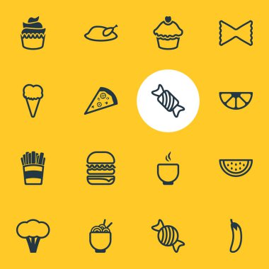 16 mutfağı simgeler vektör Illustration. Kase, spagetti, kireç ve diğer öğeleri düzenlenebilir paketi.