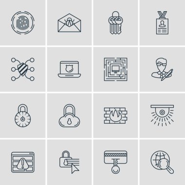 16 veri koruma simgeler vektör Illustration. Kamera, sistem güvenlik, Internet sörf ve diğer öğeleri düzenlenebilir paketi.