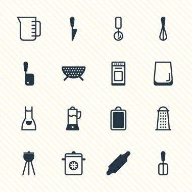 16 yemek simgeler vektör Illustration. Vapur, Corolla, doğrama Masası ve diğer öğeleri düzenlenebilir sürüsü.