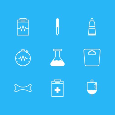 9 tıp simgeler vektör Illustration. Basınç göstergesi, Tartma, antikor ve diğer öğeleri düzenlenebilir sürüsü.