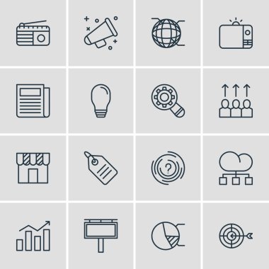 16 pazarlama simgeler vektör Illustration. Günlük basın, reklam Billboard, analizi ve diğer öğeleri düzenlenebilir paketi.