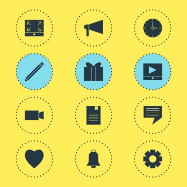 12 Online simgeler vektör Illustration. Dişli, kalem, Video kamera ve diğer öğeleri düzenlenebilir paketi.