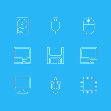 9 bilgisayar simgeler vektör Illustration. Usb simge, sabit disk Disk, gadget'lar ve diğer öğeleri düzenlenebilir sürüsü.