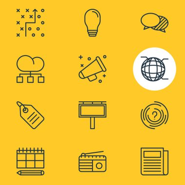 12 Ad simgeler vektör Illustration. Düzenlenebilir paketi FM yayını, bulut dağıtım, labirent ve diğer öğeleri.