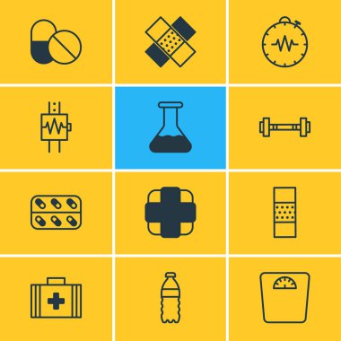 12 tıp simgeler vektör Illustration. Band Aid, ilk yardım çantası, tıp öğelerin düzenlenebilir paketi.