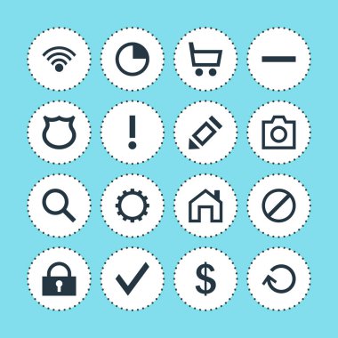 16 arabirim simgeler vektör Illustration. Kalem, asma kilit, para verme ve diğer öğeleri düzenlenebilir sürüsü.